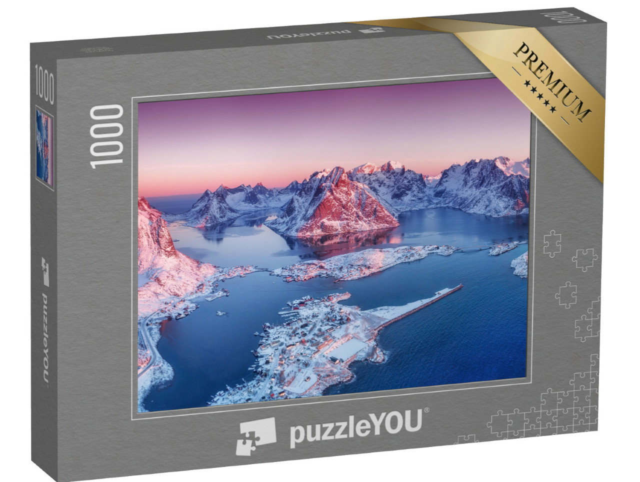 Puzzle 1000 Teile „Luftaufnahme auf den Lofoten bei Sonnenuntergang: Berge und Meer“