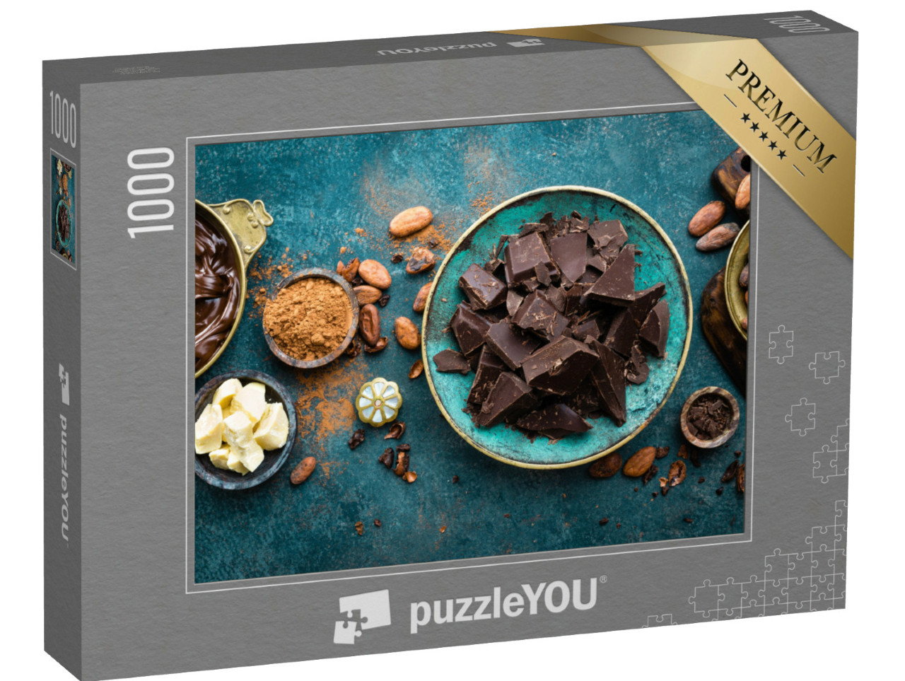 Puzzle 1000 Teile „Dunkle Bitterschokolade mit Kakaopulver und Bohnen“