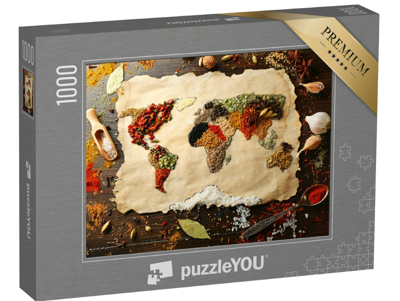 Puzzle 1000 Teile „Weltkarte aus verschiedenen Gewürzen auf hölzernem Hintergrund“