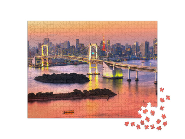 Puzzle 1000 Teile „Skyline von Tokio mit Tokio-Turm und Regenbogenbrücke, Japan“