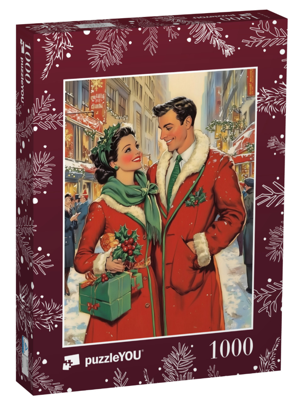 Puzzle 1000 Teile „Vintage Christmas Design: Liebespaar beim Weihnachtsshopping“