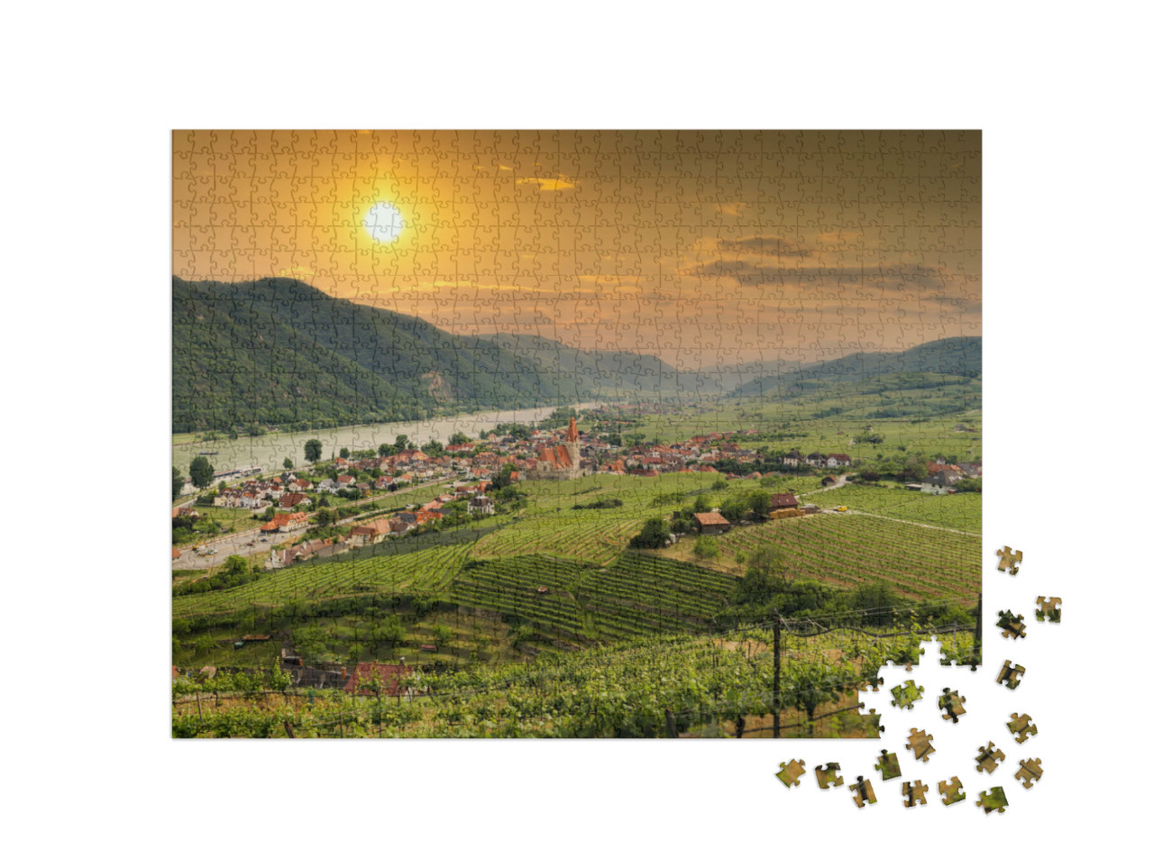 Puzzle 1000 Teile „Blick auf das Wachautal mit Donau und der Stadt Weißenkirchen“