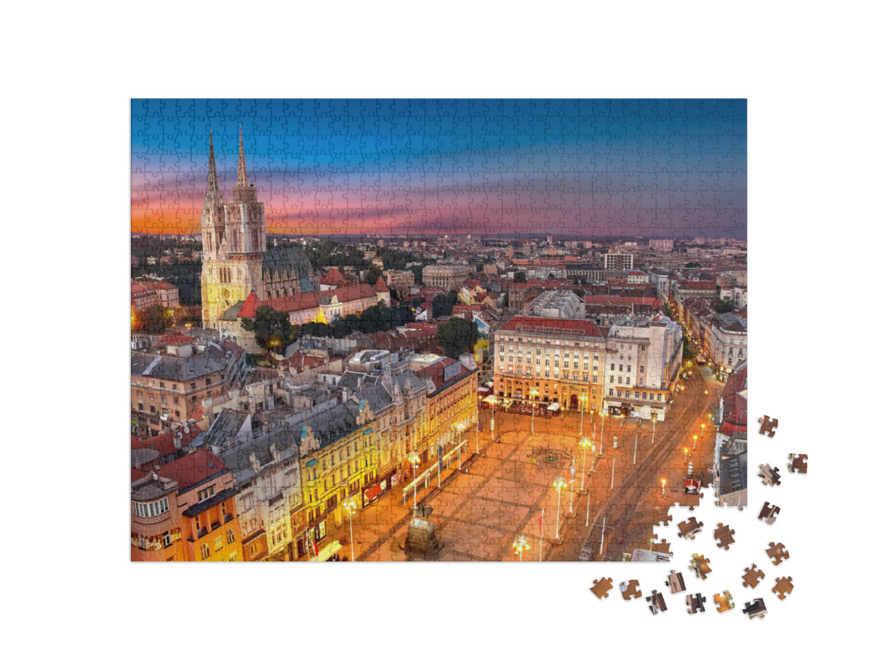 Puzzle 1000 Teile „Nacht über dem Ban Jelacic Platz, Zagreb, Kroatien“