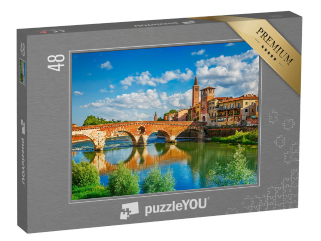 Puzzle 48 Teile „Panoramablick auf die Ponte Pietra, Verona, Italien“