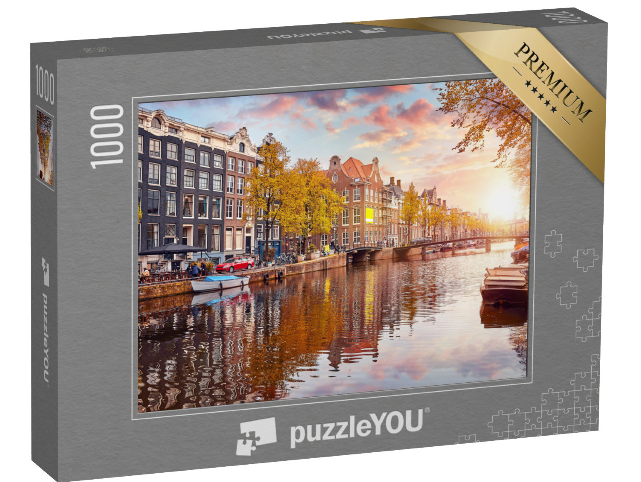 Puzzle 1000 Teile „Warmes Sonnenlicht am Kanal in Amsterdam, Niederlande“