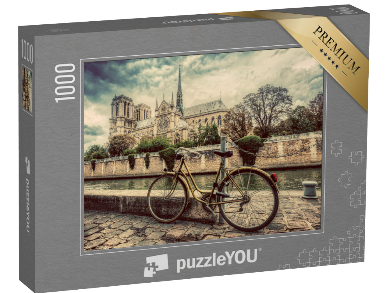 Puzzle 1000 Teile „Retro-Fahrrad neben der Kathedrale Notre Dame in Paris, Frankreich“