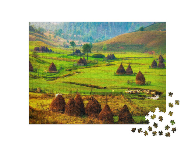 Puzzle 1000 Teile „Nebel an einem Morgen im Herbst: Berglandschaft Fundatura Ponorului, Rumänien“