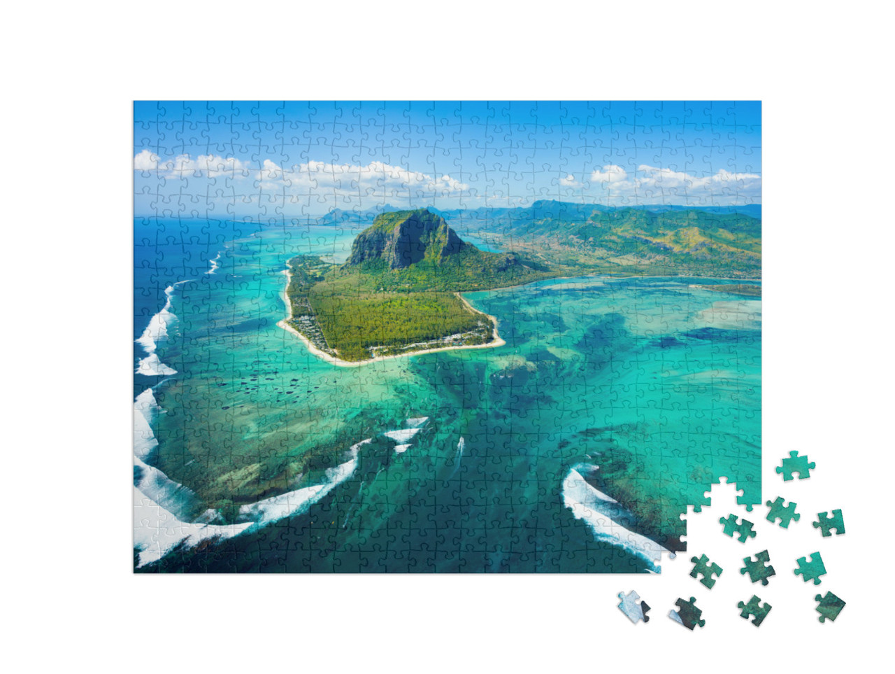 Puzzle 500 Teile „Beeindruckende Luftaufnahme des Inselpanoramas und Unterwasser-Wasserfalls von Mauritius“