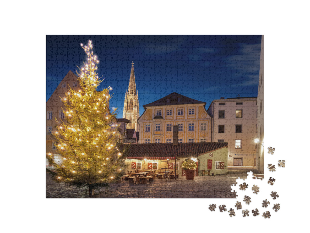 Puzzle 1000 Teile „Weihnachtsbaum auf dem Platz der Würstchenbude in Regensburg“