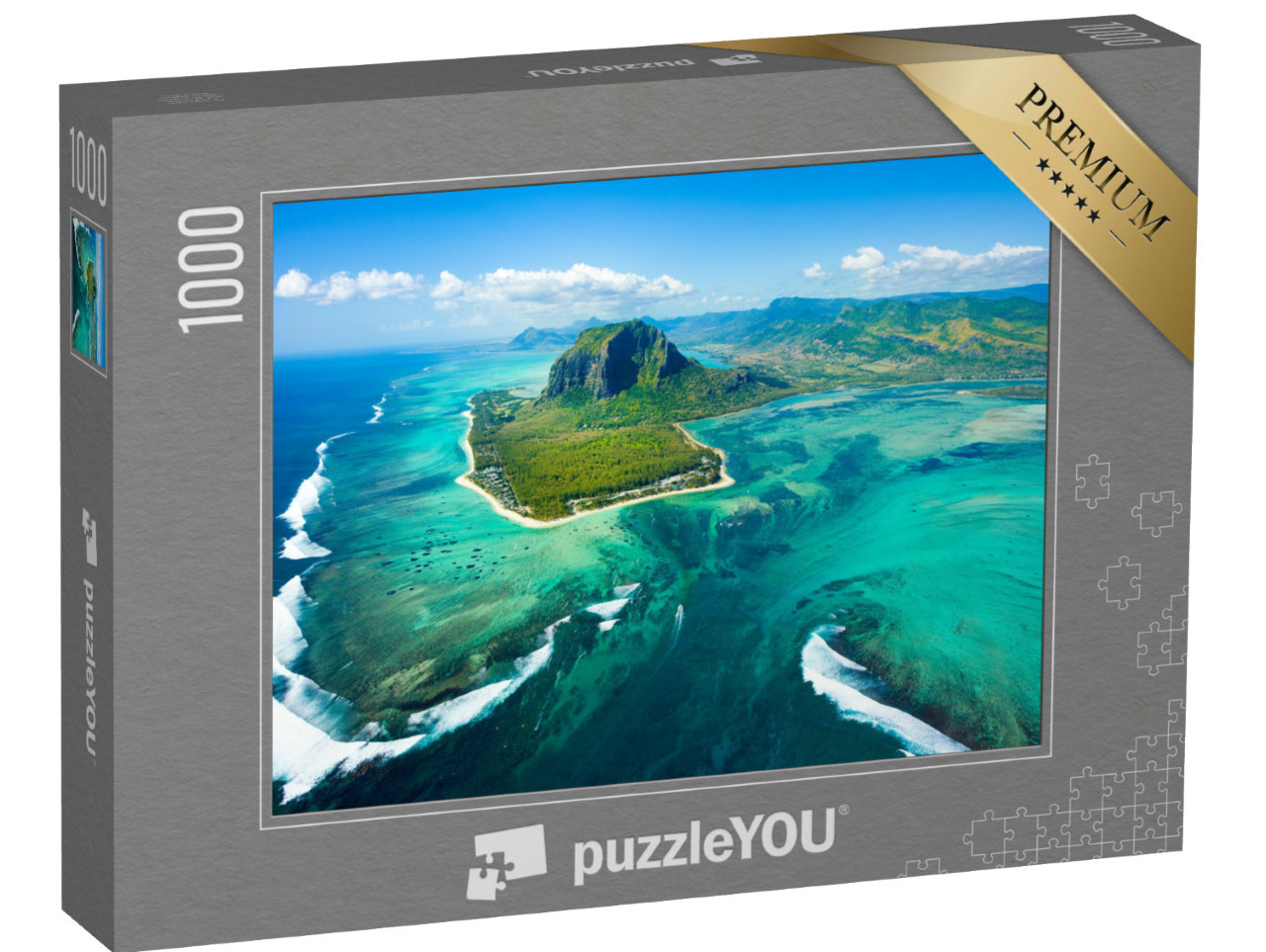 Puzzle 1000 Teile „Beeindruckende Luftaufnahme des Inselpanoramas und Unterwasser-Wasserfalls von Mauritius“