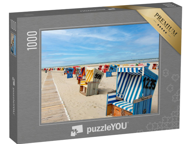 Puzzle 1000 Teile „Strandkörbe an einem Sandstrand mit blauem Himmel, Langeoog, Niedersachsen“