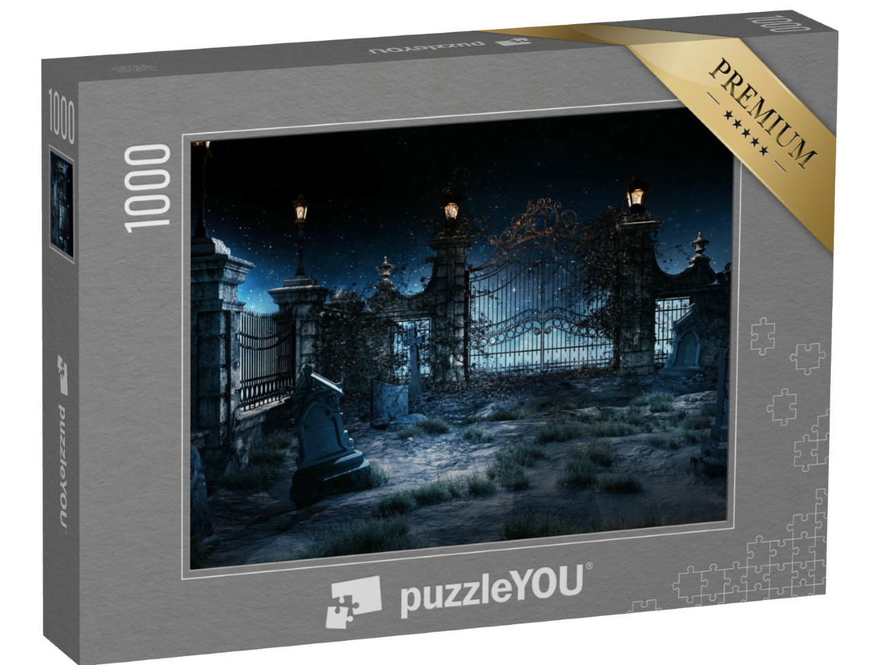Puzzle 1000 Teile „Gothic-Friedhof mit Eisentor und Laternen“