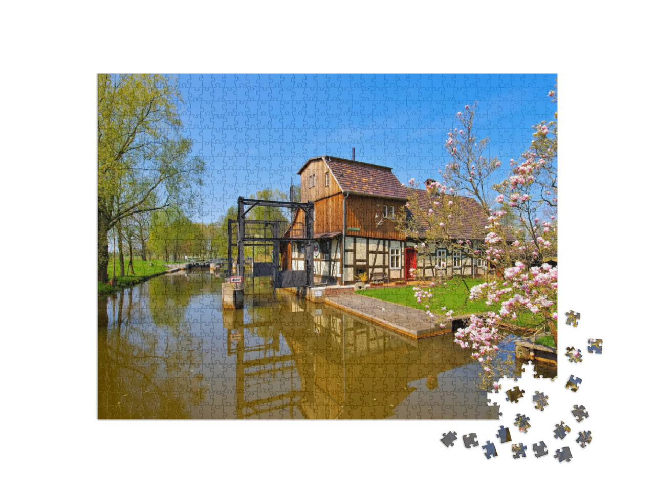 Puzzle 1000 Teile „Radduschmühle, Spreewald im Frühling, Brandenburg“