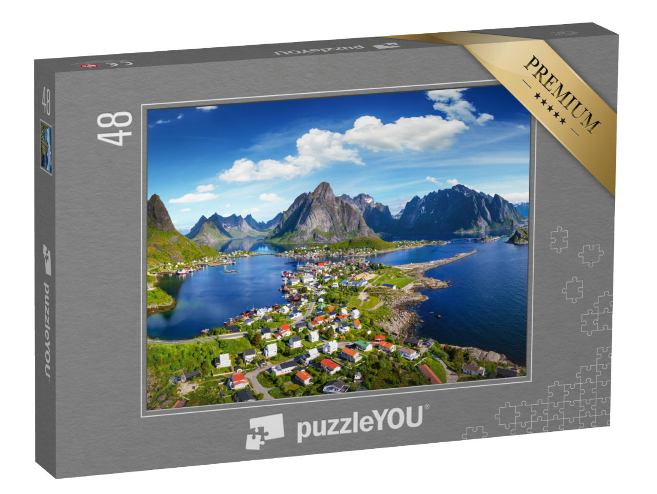 Puzzle 48 Teile „Dorf Reine unter einem sonnigen, blauen Himmel, Lofoten, Norwegen“