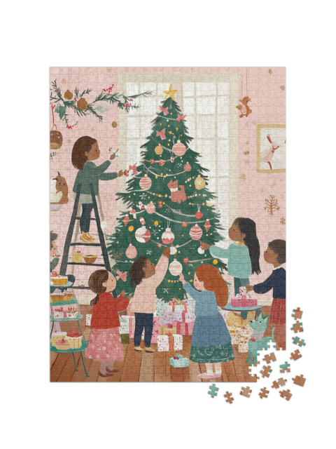 Puzzle 1000 Teile „Kinder schmücken zusammen den Christbaum“