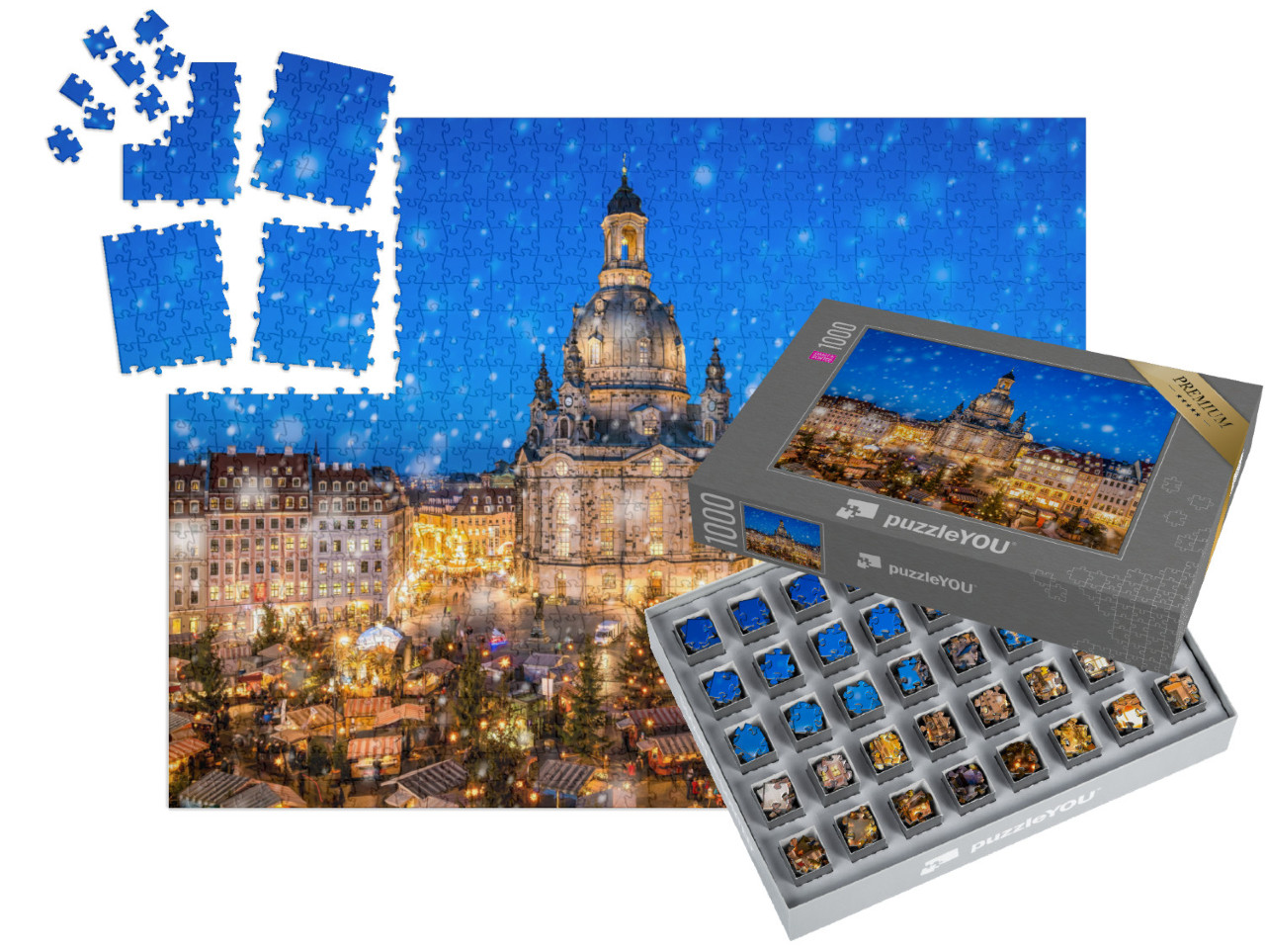 Puzzle „Weihnachtsmarkt vor der Dresdner Frauenkirche auf dem Neumarkt, Sachsen“ | SMART SORTED® 1000 Teile