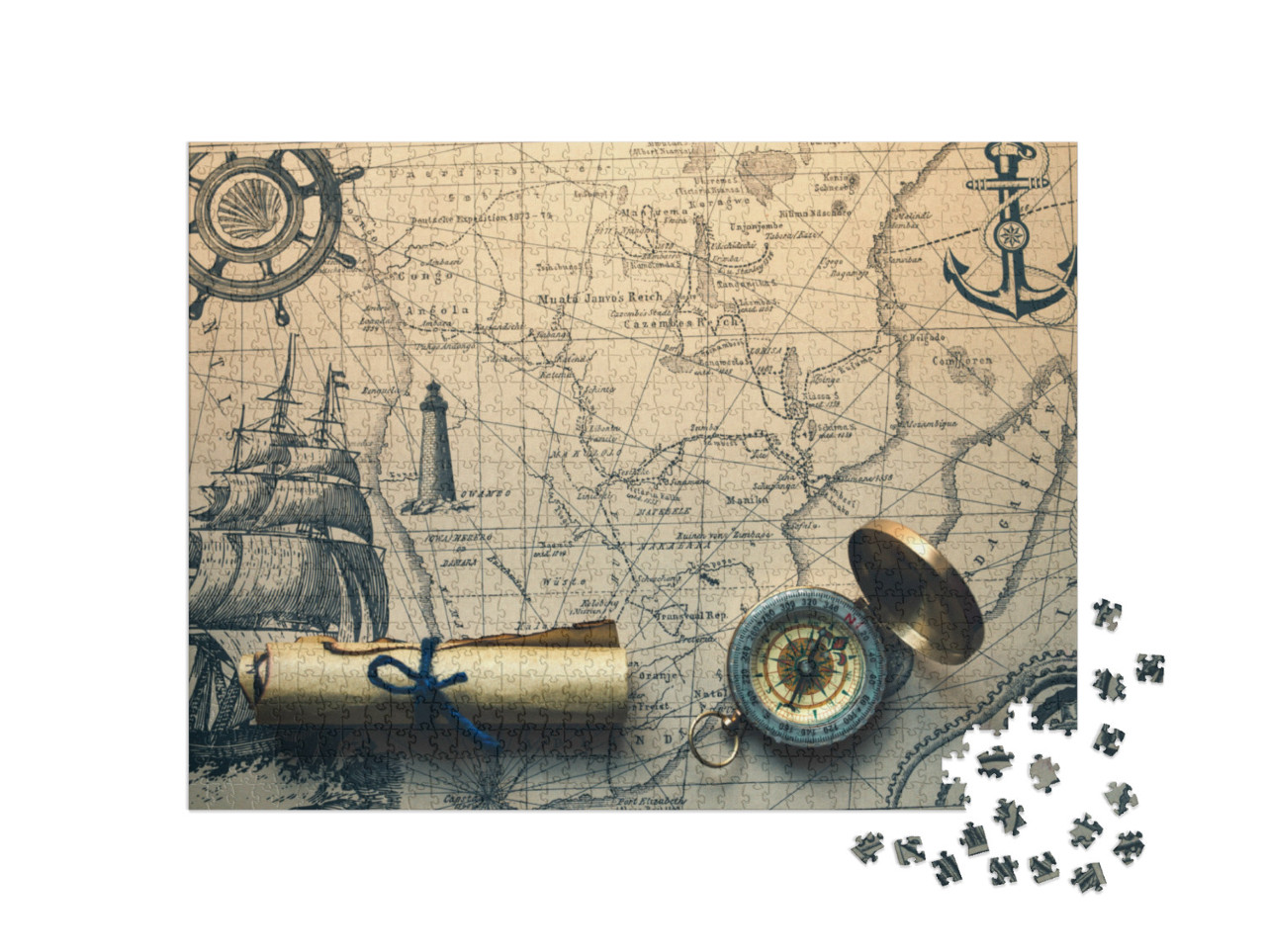 Puzzle 1000 Teile „Vintage-Fotografie: Kompass auf alter Navigationskarte“