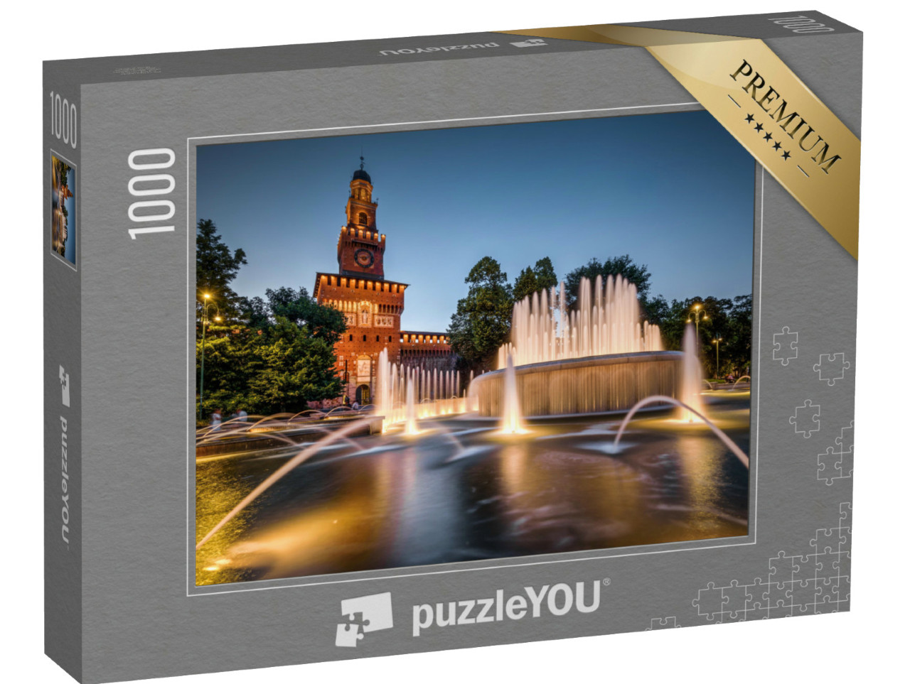 Puzzle 1000 Teile „Castello Sforzesco mit abendlich beleuchtetem Brunnen, Mailand, Italien“