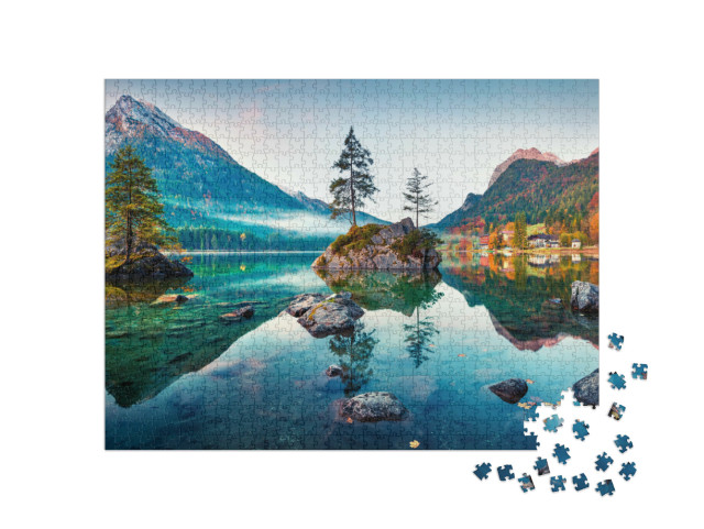 Puzzle 1000 Teile „Herbst am Hintersee: Bayerische Alpen am Morgen, Deutschland“