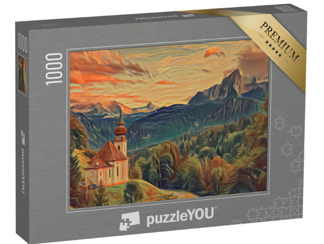 Puzzle 1000 Teile „im Stil von Edvard Munch, Der Schrei - Watzmann mit Kirche Maria Gern - Puzzle-Kollektion Künstler & Gemälde“