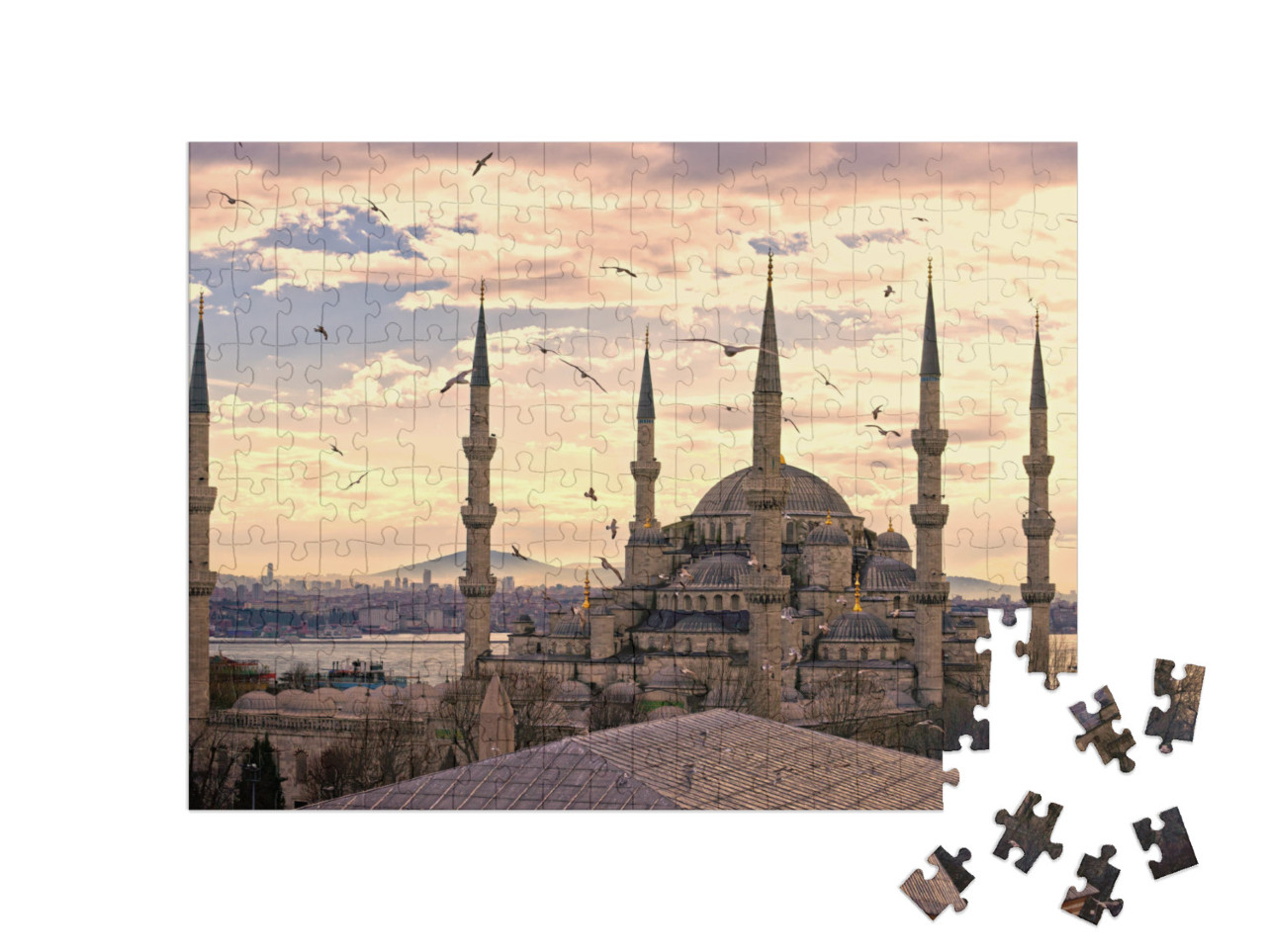 Puzzle 200 Teile „Sonnenuntergang über der Blauen Moschee, (Sultanahmet Camii), Istanbul, Türkei“