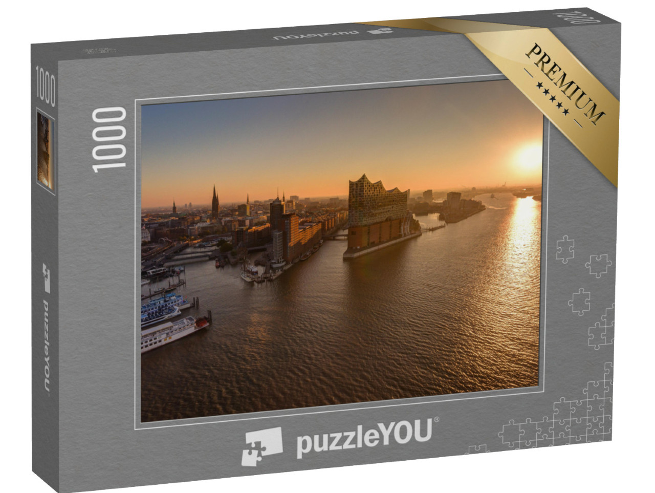 Puzzle 1000 Teile „Hamburger Hafenpanorama mit Stadtbild bei Sonnenuntergang“