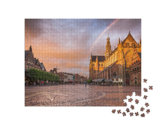 Puzzle 1000 Teile „Wunderschöner Regenbogen über dem Grote Market in Haarlem, Niederlande“