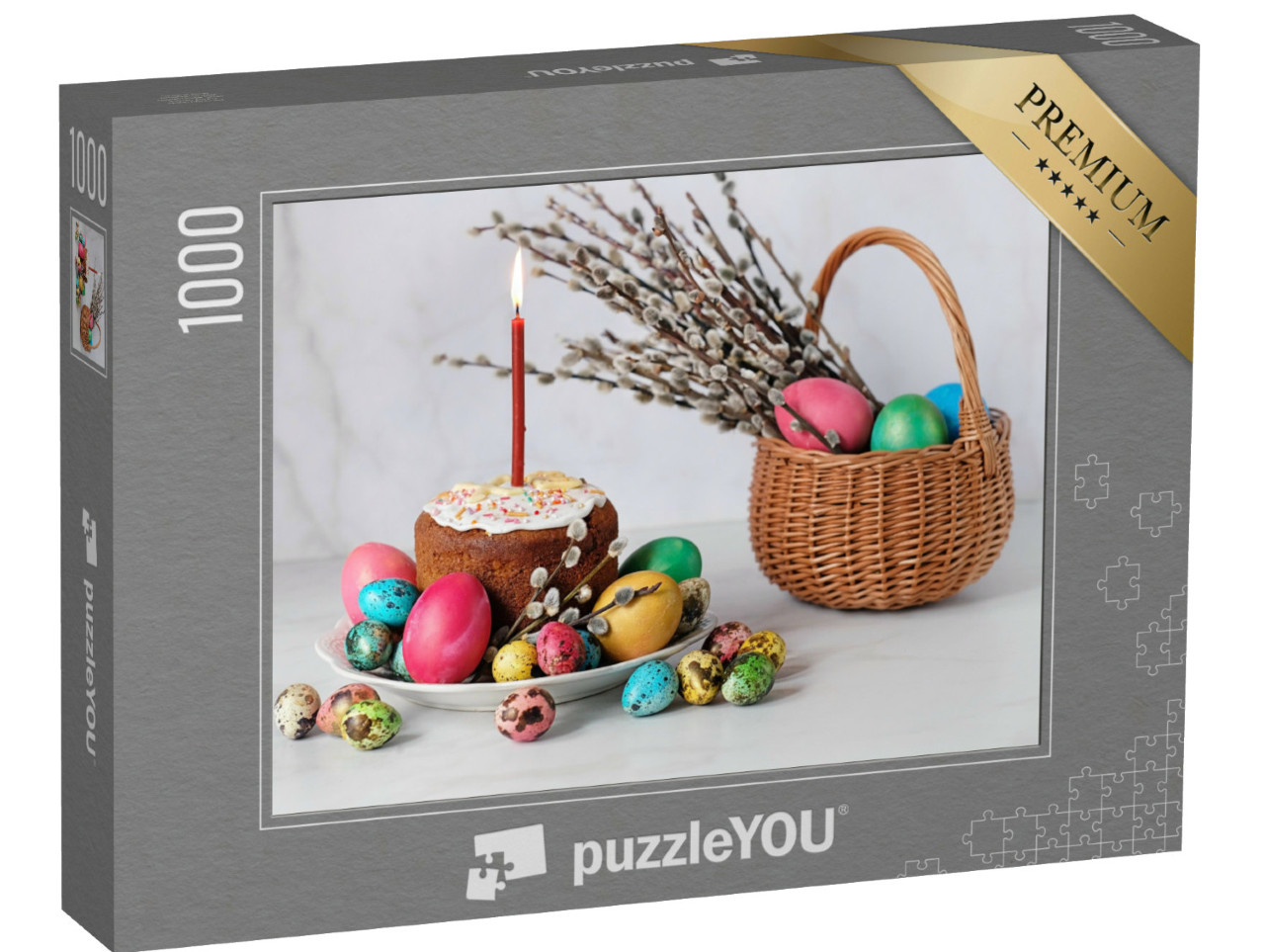 Puzzle 1000 Teile „Ein Osterkuchen mit Kerze und bunt dekorierten Ostereiern“