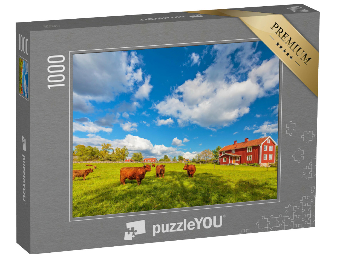Puzzle 1000 Teile „Hochlandrinder vor alten Holzbauernhäusern, Smaland, Schweden“
