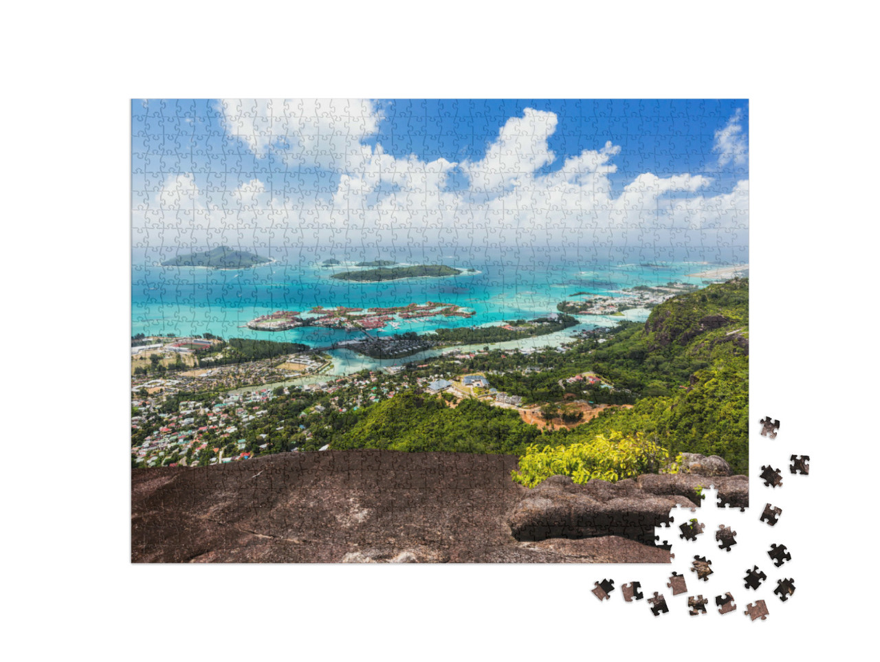 Puzzle 1000 Teile „Blick vom Mount Copolia mit Granitfelsen auf die Hauptstadt Victoria, Seychellen“