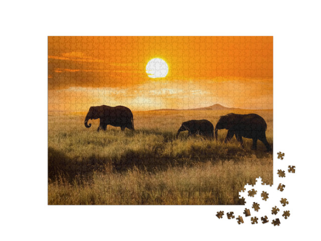 Puzzle 1000 Teile „Elefantenfamilie bei Sonnenuntergang im Nationalpark von Afrika“