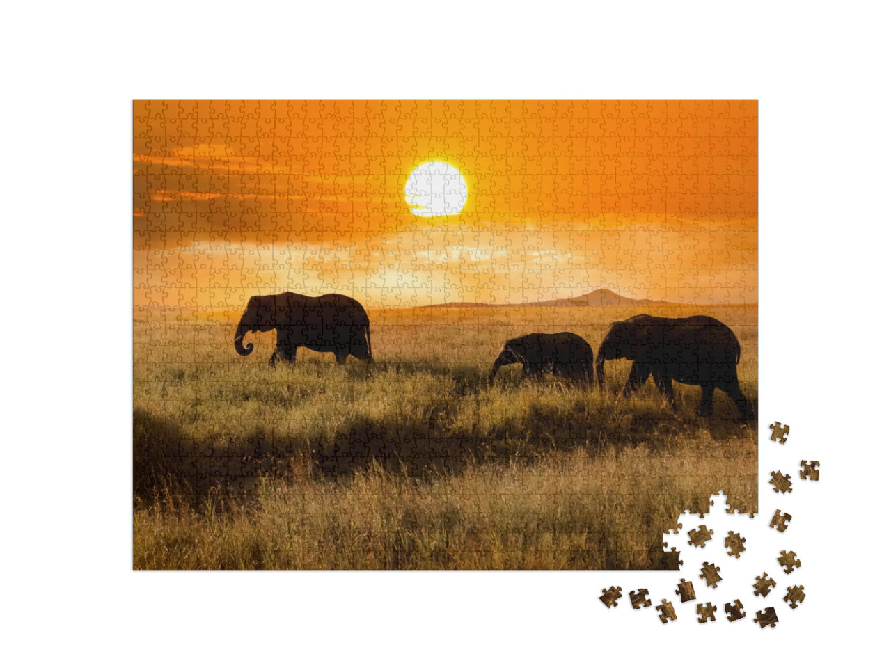 Puzzle 1000 Teile „Elefantenfamilie bei Sonnenuntergang im Nationalpark von Afrika“