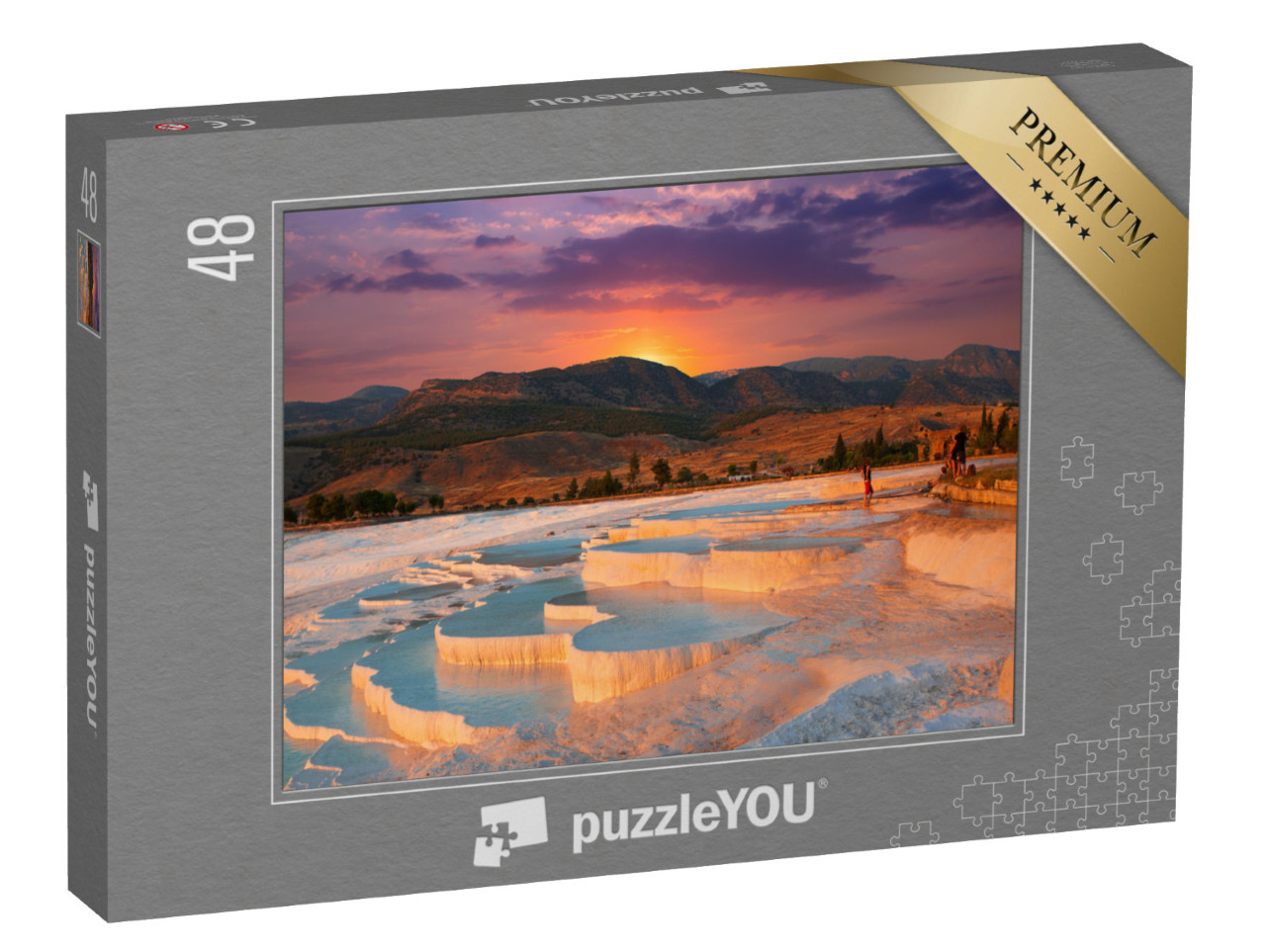 Puzzle 48 Teile „Wunderschöner Sonnenaufgang und natürliche Travertin-Pools und Terrassen in Pamukkale“