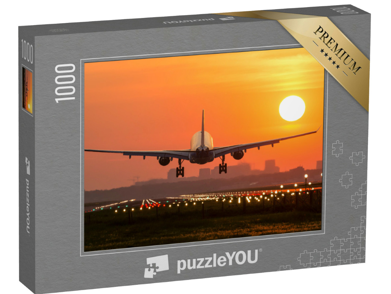Puzzle 1000 Teile „Passagierflugzeug bei der Landung im Sonnenuntergang“