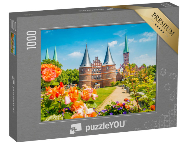 Puzzle 1000 Teile „Postkartenansicht der historischen Stadt Lübeck mit dem berühmten Holstentor“