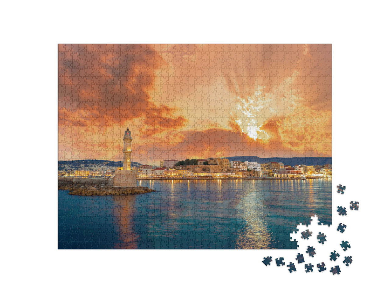 Puzzle 1000 Teile „Panorama des schönen alten Hafens von Chania mit Leuchtturm, Kreta“