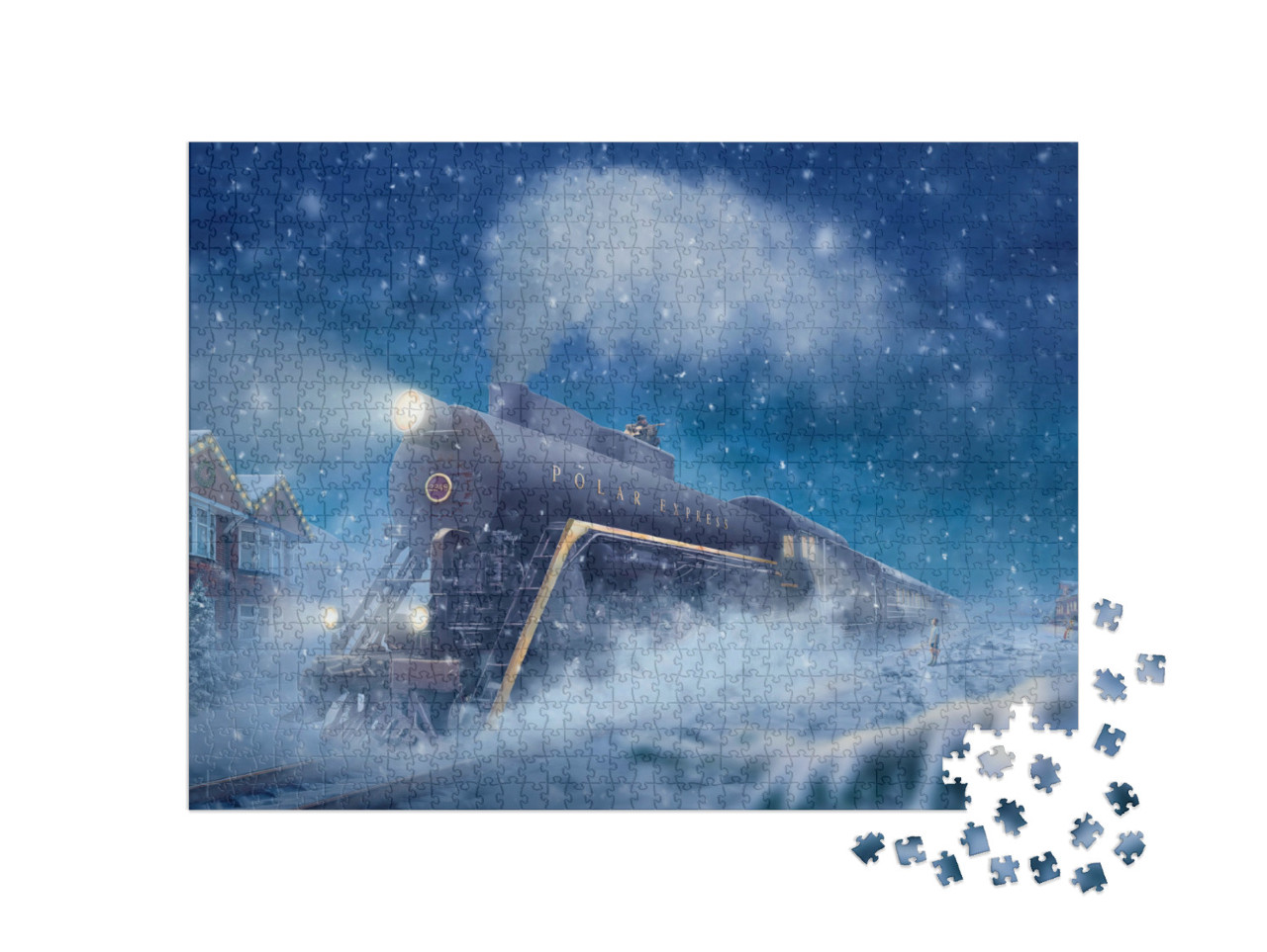 Puzzle 1000 Teile „Polarexpress in einer verschneiten Landschaft, kleiner Junge, Mann auf dem Zug“