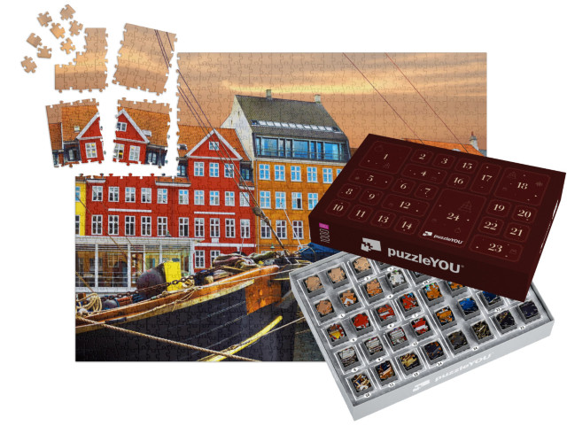 Puzzle-Adventskalender „Yachten und farbige Häuser an der Strandpromenade in Nyhavn“